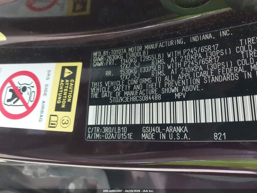 2012 Toyota Highlander VIN 5TDZK3EH8CS084488 IAAI salvage auction — RIGHT SIDE, Salvage Title, sold $2,550 on 2026-07-25 (photo 9)