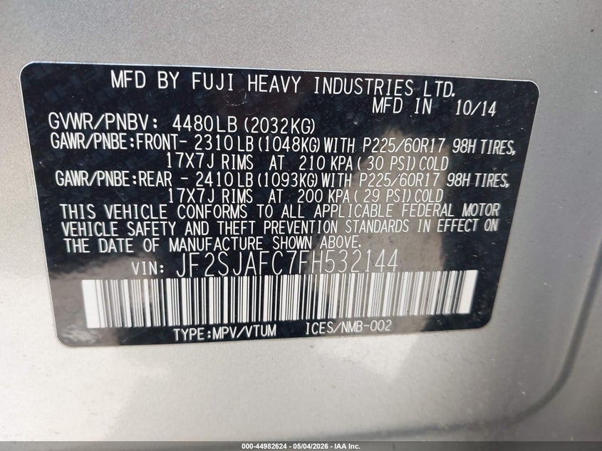 2015 Subaru Forester VIN JF2SJAFC7FH532144 IAAI salvage auction — FRONT END, Salvage (Massachusetts), sold $500 on 2026-07-17 (photo 9)
