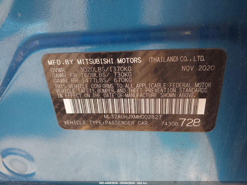 2021 Mitsubishi Mirage VIN ML32AUHJXMH002827 IAAI salvage auction — FRONT & REAR, Mv-907A (New York), sold $1,600 on 2026-07-28 (photo 9)