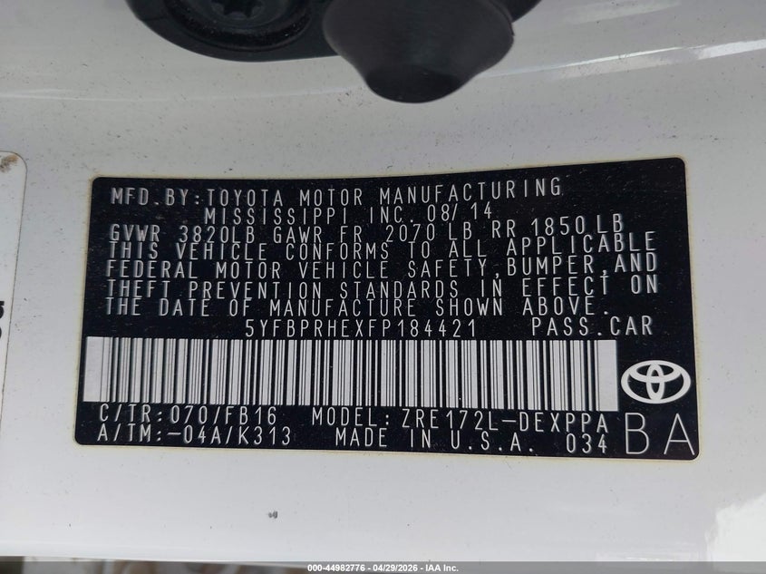 2015 Toyota Corolla VIN 5YFBPRHEXFP184421 IAAI salvage auction — FRONT END, Original (Texas), sold $3,850 on 2026-07-14 (photo 9)