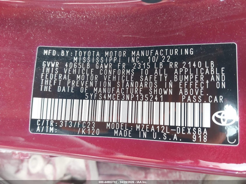2022 Toyota Corolla VIN 5YFS4MCE3NP135241 IAAI salvage auction — FRONT END, Salvage Title, sold $4,000 on 2026-07-05 (photo 9)