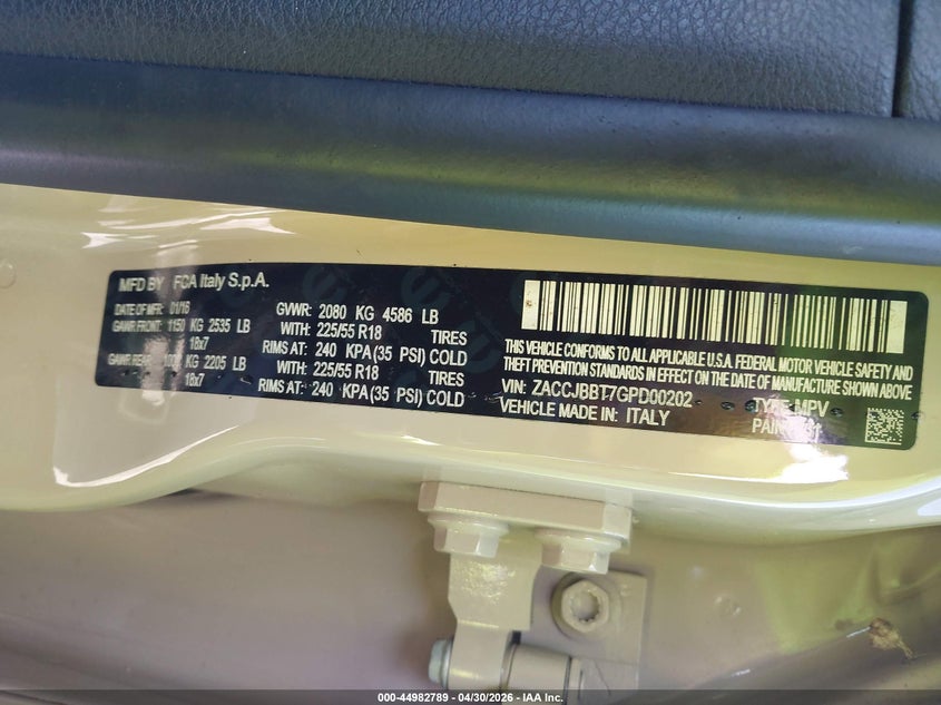 2016 Jeep Renegade VIN ZACCJBBT7GPD00202 IAAI salvage auction — LEFT FRONT, Clear (Indiana), sold $1,950 on 2026-07-24 (photo 9)
