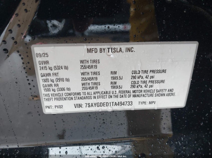 2026 Tesla Model y VIN 7SAYGDED1TA494733 IAAI salvage auction — REAR END, Original (Texas), sold $17,800 on 2026-08-23 (photo 9)