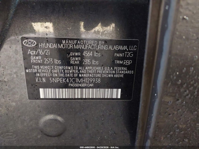 2021 Hyundai Sonata VIN 5NPEK4JC1MH129938 IAAI salvage auction — FRONT END, Salvage Title, sold $3,650 on 2026-07-24 (photo 9)