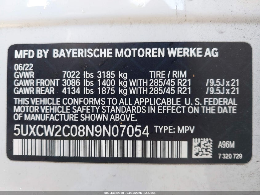 2022 BMW X7 VIN 5UXCW2C08N9N07054 IAAI salvage auction — FRONT END, Salvage (Missouri), sold $28,300 on 2026-07-13 (photo 9)