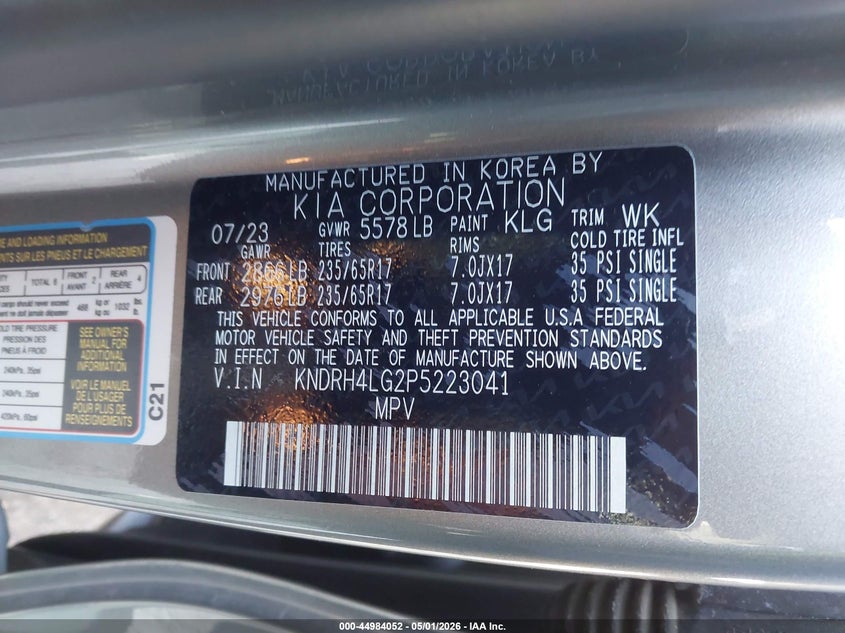 2023 Kia Sorento VIN KNDRH4LG2P5223041 IAAI salvage auction — FRONT END, Salvage (California), sold $7,050 on 2026-07-09 (photo 9)