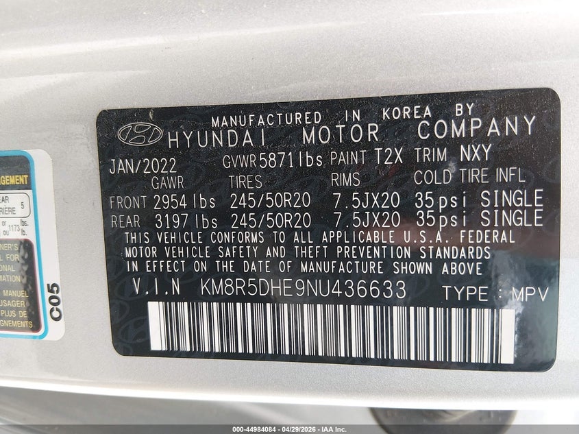 2022 Hyundai Palisade VIN KM8R5DHE9NU436633 IAAI salvage auction — SIDE, Clear (Oklahoma), sold $11,600 on 2026-07-14 (photo 9)