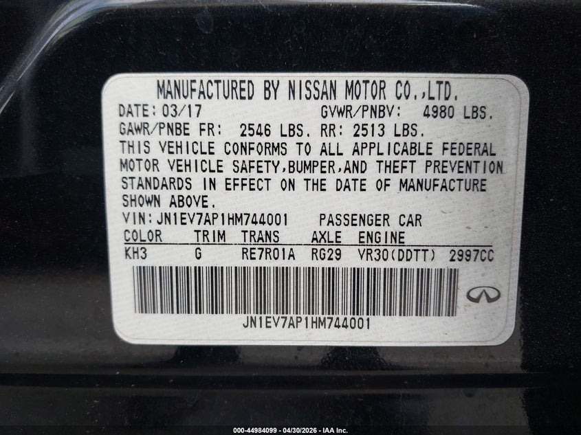 2017 Infiniti Q50 VIN JN1EV7AP1HM744001 IAAI salvage auction — LEFT FRONT, Clear (Colorado), sold $1,325 on 2026-07-30 (photo 9)