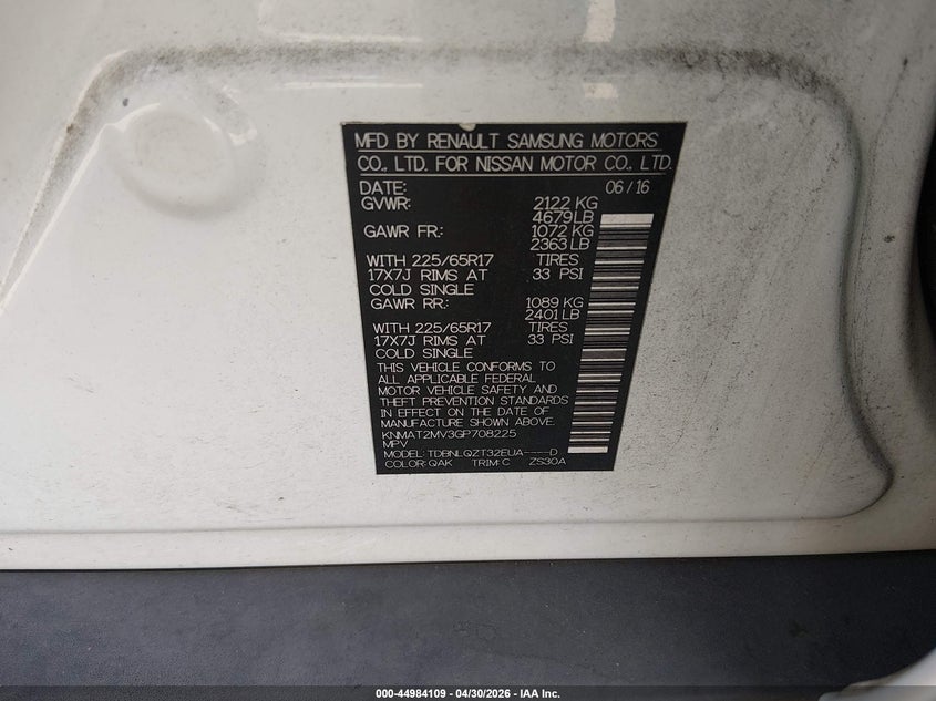 2016 Nissan Rogue VIN KNMAT2MV3GP708225 IAAI salvage auction — FRONT END, Rebuildable (Florida), sold $900 on 2026-07-08 (photo 9)