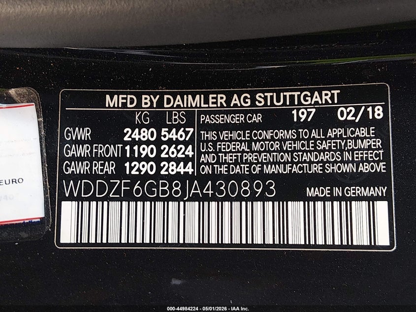 2018 Mercedes-benz E-klasse VIN WDDZF6GB8JA430893 IAAI salvage auction — FRONT END, Salvage (California), sold $4,850 on 2026-07-29 (photo 9)