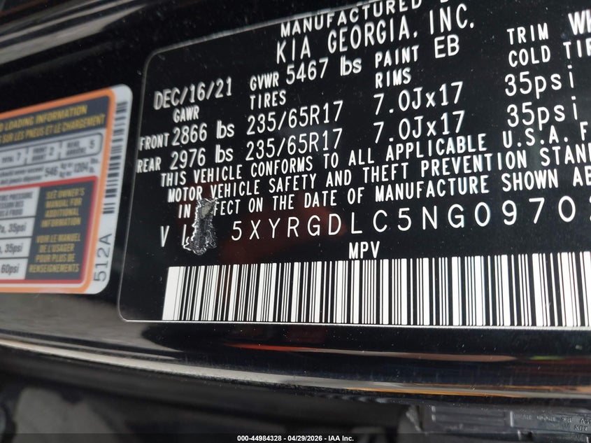 2022 Kia Sorento VIN 5XYRGDLC5NG097021 IAAI salvage auction — FRONT END, Salvage Title, sold $5,050 on 2026-07-14 (photo 9)