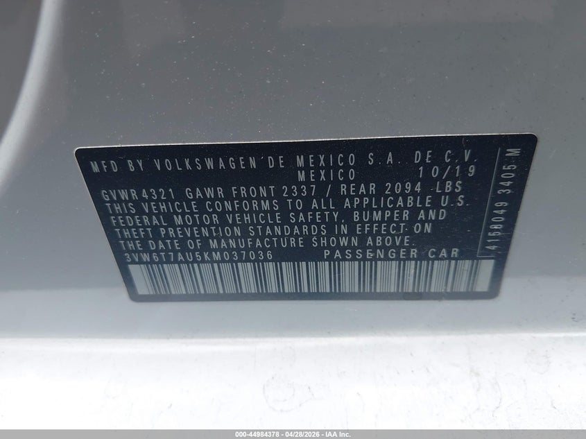 2019 Volkswagen Golf gti VIN 3VW6T7AU5KM037036 IAAI salvage auction — ALL OVER, Salvage Title, sold $75 on 2026-08-25 (photo 9)