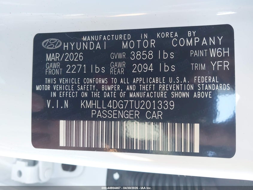 2026 Hyundai Elantra VIN KMHLL4DG7TU201339 IAAI salvage auction — FRONT END, Salvage (Tennessee), sold $4,650 on 2026-07-20 (photo 9)