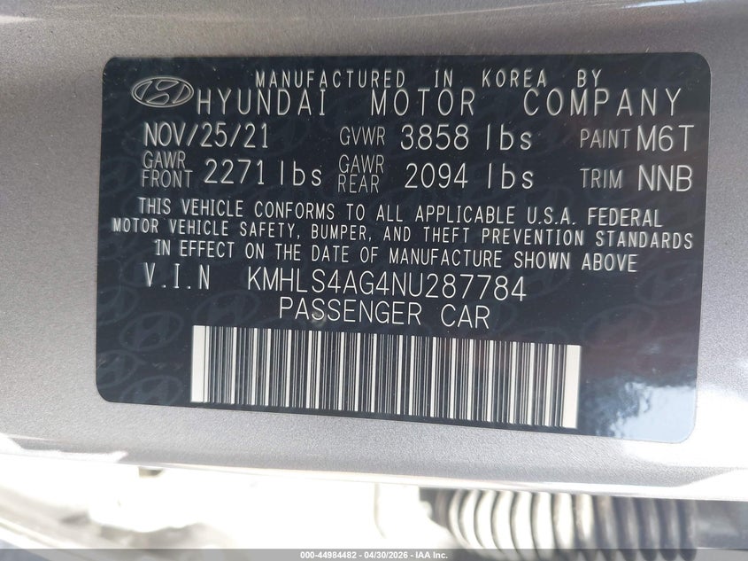 2022 Hyundai Elantra VIN KMHLS4AG4NU287784 IAAI salvage auction — FRONT END, Bill Of Sale (Hawaii), sold $1,550 on 2026-07-28 (photo 9)