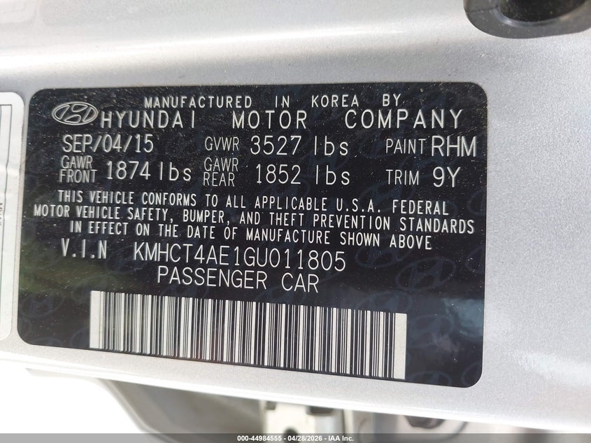 2016 Hyundai Accent VIN KMHCT4AE1GU011805 IAAI salvage auction — FRONT END, Original (Texas), sold $525 on 2026-07-20 (photo 9)
