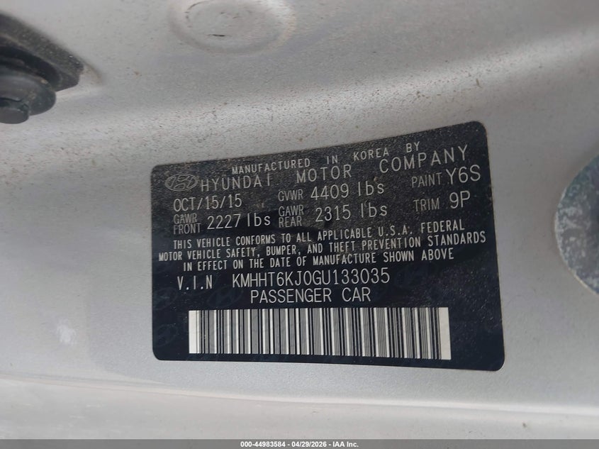 2016 Hyundai Genesis VIN KMHHT6KJ0GU133035 IAAI salvage auction — RIGHT FRONT, Original (Texas), sold $3,250 on 2026-07-14 (photo 9)