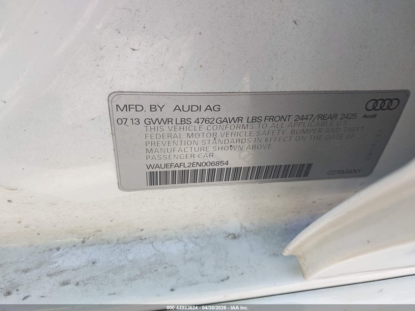 2014 Audi A4 VIN WAUEFAFL2EN006854 IAAI salvage auction — RIGHT REAR, Salvage (Illinois), sold $2,400 on 2026-07-14 (photo 9)