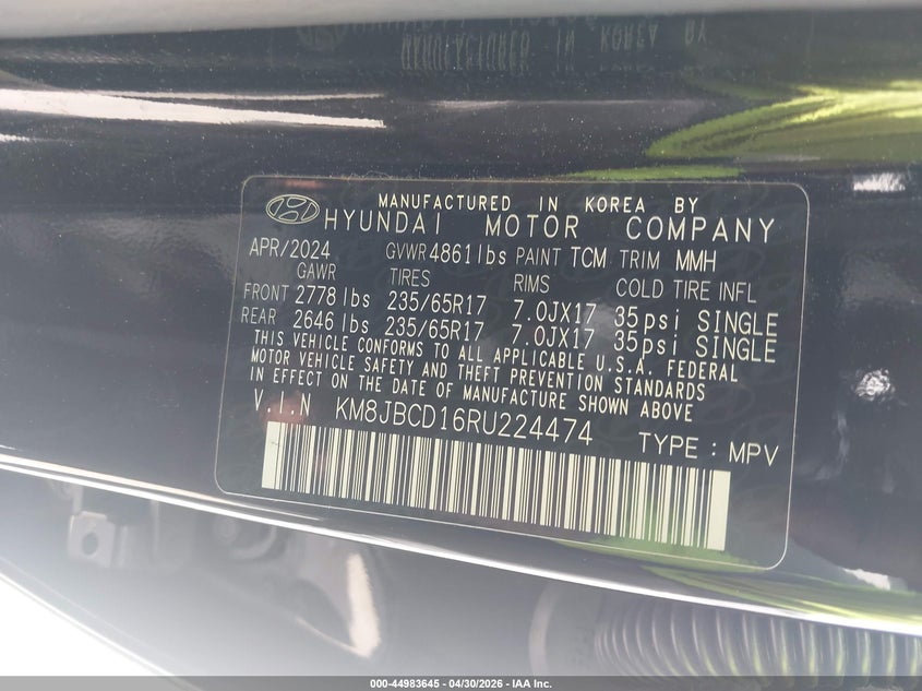 2024 Hyundai VIN KM8JBCD16RU224474 IAAI salvage auction — FRONT END, Salvage (Texas), sold $7,200 on 2026-07-10 (photo 9)