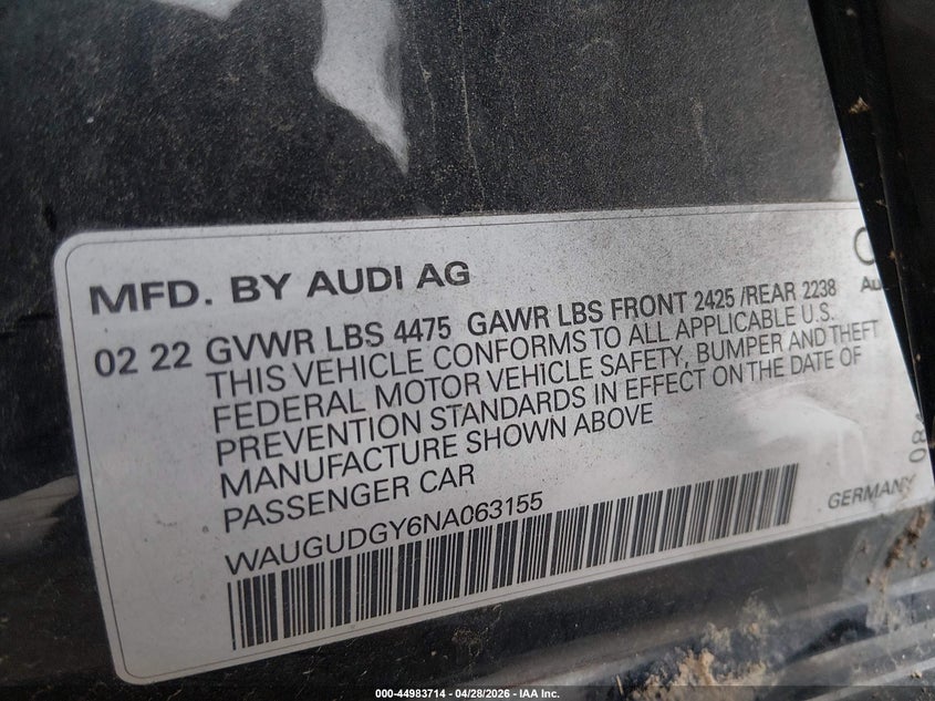 2022 Audi A3 VIN WAUGUDGY6NA063155 IAAI salvage auction — FRONT END, Salvage Title, sold $6,125 on 2026-07-21 (photo 9)