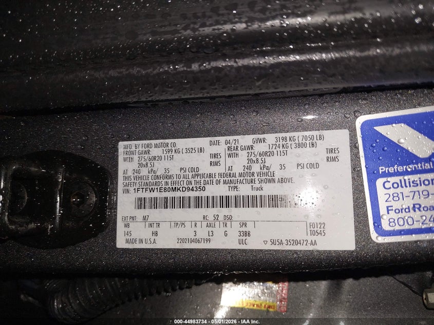 2021 Ford F-150 VIN 1FTFW1E80MKD94350 IAAI salvage auction — LEFT FRONT, Wait Title, sold $6,100 on 2026-07-24 (photo 9)