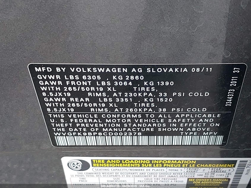 2012 Volkswagen Touareg VIN WVGFK9BP8CD002378 IAAI salvage auction — FRONT END, Clear (Indiana), sold $975 on 2026-07-23 (photo 9)