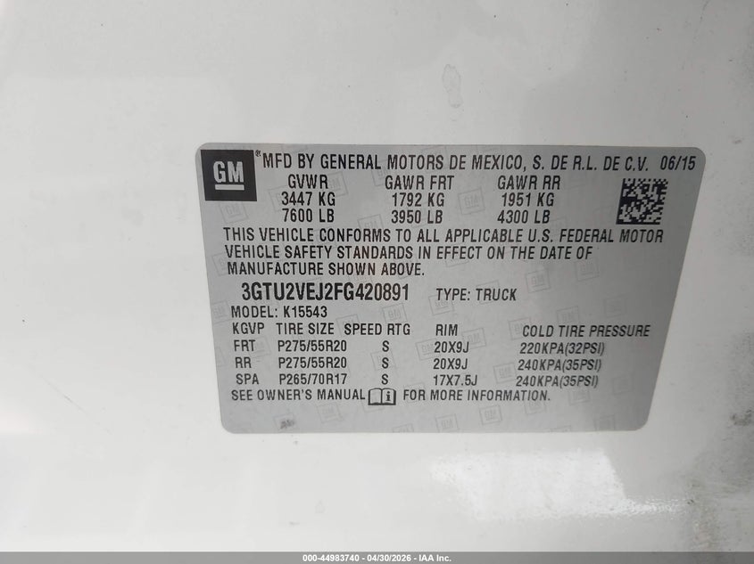 2015 Gmc SIERRA VIN 3GTU2VEJ2FG420891 IAAI salvage auction — THEFT, Clear (Colorado), sold $6,025 on 2026-07-09 (photo 9)