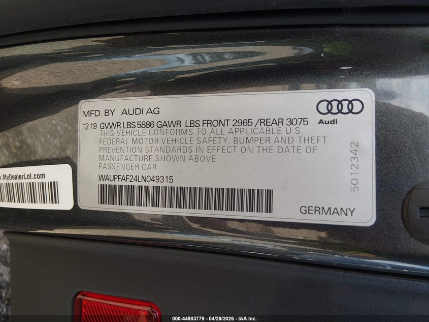 2020 Audi S7 VIN WAUPFAF24LN049315 IAAI salvage auction — RIGHT FRONT, Clear (South Carolina), sold $15,100 on 2026-08-02 (photo 9)