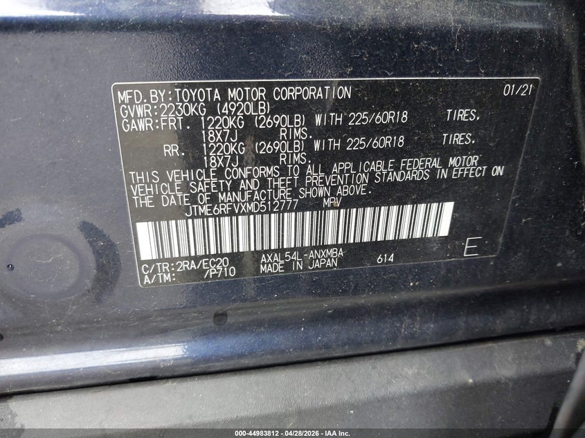 2021 Toyota Rav 4 VIN JTME6RFVXMD512777 IAAI salvage auction — LEFT FRONT, Salvage (Oregon), sold $10,300 on 2026-07-09 (photo 9)