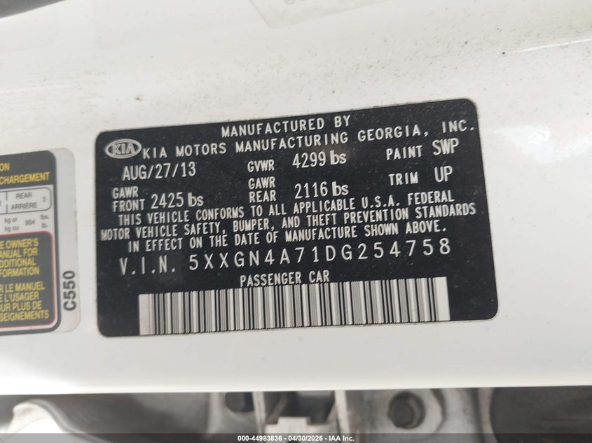 2013 Kia Optima VIN 5XXGN4A71DG254758 IAAI salvage auction — BIO HAZARD, Salvage (Texas), sold $475 on 2026-07-22 (photo 9)