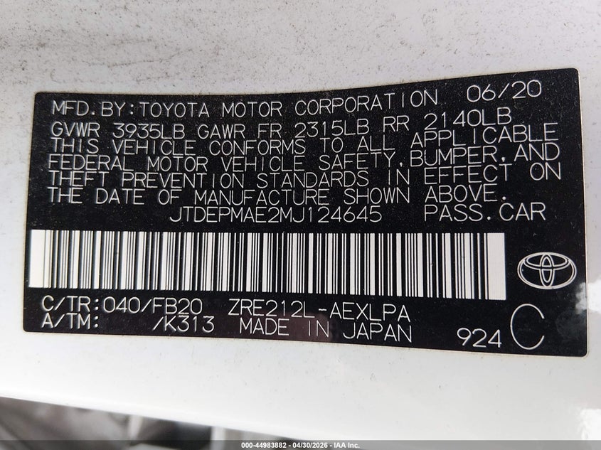 2021 Toyota Corolla VIN JTDEPMAE2MJ124645 IAAI salvage auction — FRONT & REAR, Original (Texas), sold $3,850 on 2026-07-14 (photo 9)
