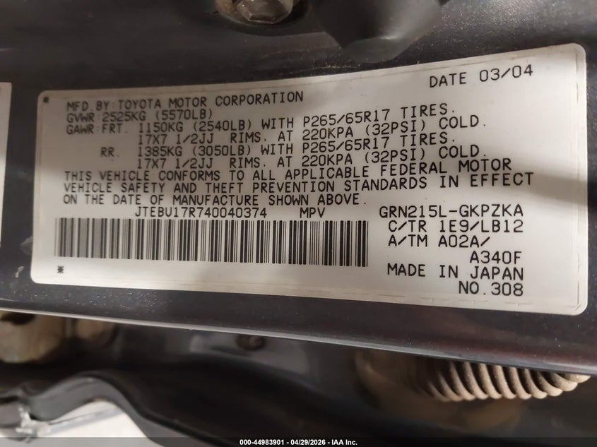 2004 Toyota 4runner VIN JTEBU17R740040374 IAAI salvage auction — BIO HAZARD, Salvage (Colorado), sold $850 on 2026-07-22 (photo 9)