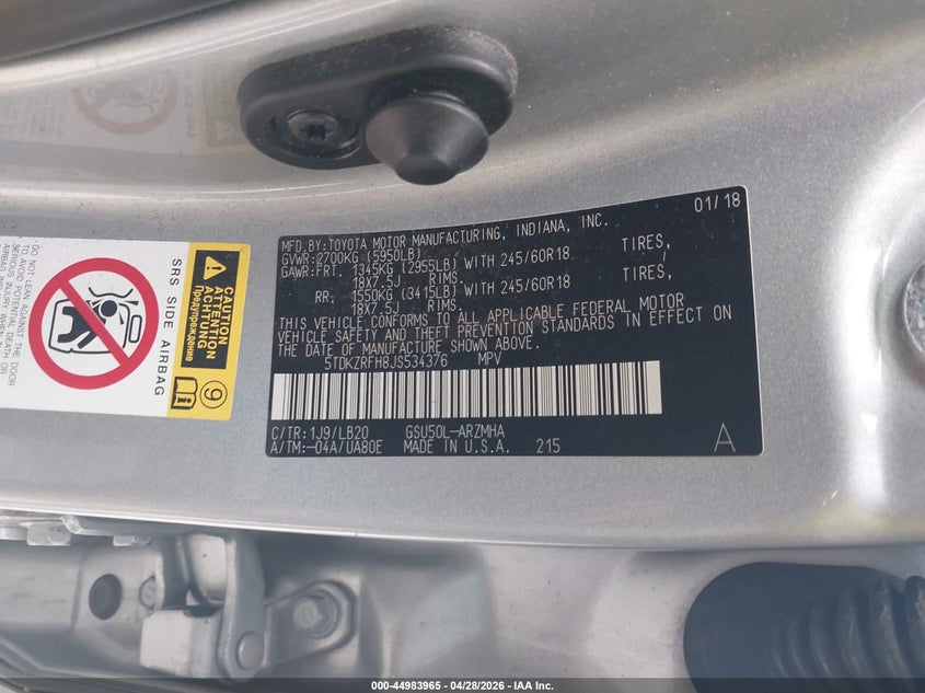 2018 Toyota Highlander VIN 5TDKZRFH8JS534376 IAAI salvage auction — LEFT REAR, Salvage (Illinois), sold $5,600 on 2026-07-21 (photo 9)