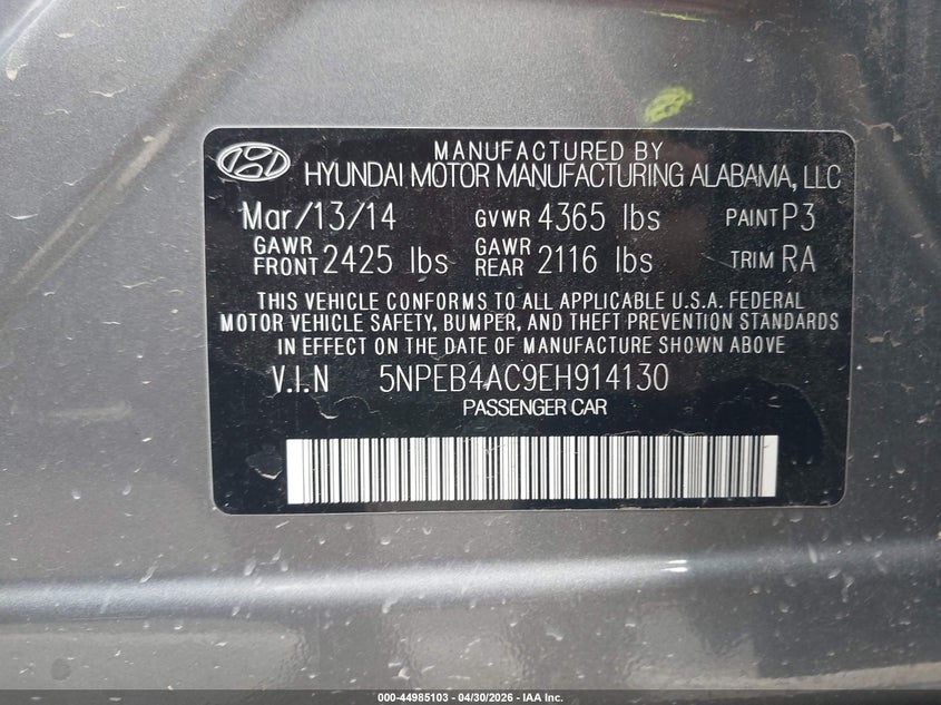 2014 Hyundai Sonata VIN 5NPEB4AC9EH914130 IAAI salvage auction — RIGHT FRONT, Salvage (Arizona), sold $450 on 2026-08-03 (photo 9)