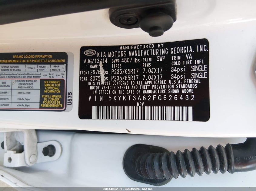 2015 Kia Sorento VIN 5XYKT3A62FG626432 IAAI salvage auction — RIGHT FRONT, Salvage (Kansas), sold $1,550 on 2026-07-16 (photo 9)