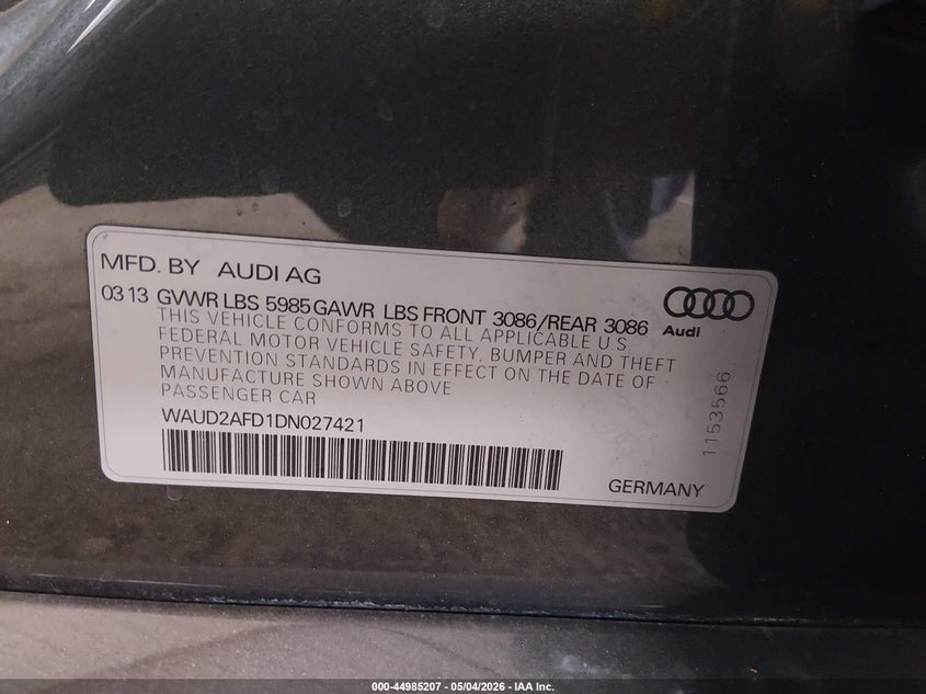 2013 Audi S8 VIN WAUD2AFD1DN027421 IAAI salvage auction — FRONT END, Salvage (Arizona), sold $2,550 on 2026-07-14 (photo 9)