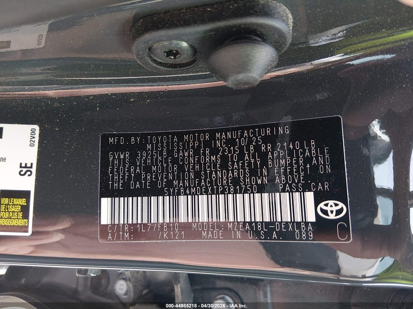 2026 Toyota Corolla VIN 5YFB4MDEXTP381750 IAAI salvage auction — FRONT & REAR, Salvage (Mississippi), sold $4,750 on 2026-07-23 (photo 9)