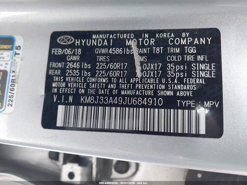 2018 Hyundai Tucson VIN KM8J33A49JU684910 IAAI salvage auction — FRONT END, Salvage (California), sold $1,025 on 2026-07-23 (photo 9)