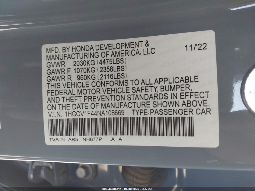 2022 Honda Accord VIN 1HGCV1F44NA108669 IAAI salvage auction — RIGHT SIDE, Salvage (California), sold $8,075 on 2026-07-29 (photo 9)