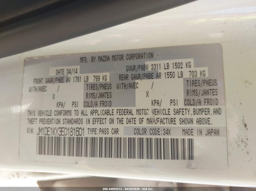2014 Mazda 2 VIN JM1DE1KY3E0181601 IAAI salvage auction — NORMAL WEAR, Clear (Hawaii), sold $100 on 2026-09-22 (photo 9)