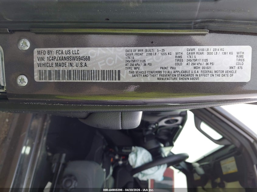 2025 Jeep Wrangler / VIN 1C4PJXAN9SW594568 IAAI salvage auction — FRONT END, Original (Texas), sold $10,600 on 2026-07-11 (photo 9)