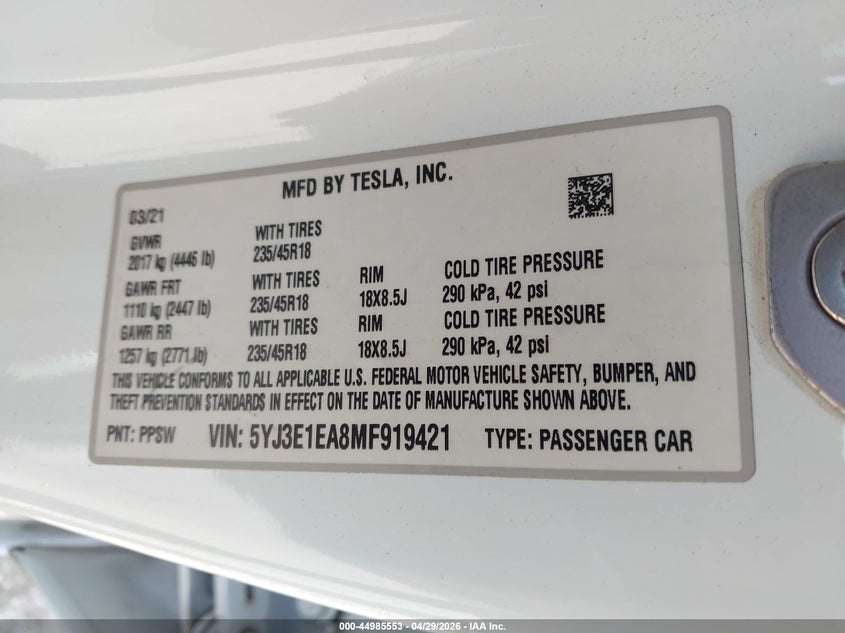 2021 Tesla Model 3 VIN 5YJ3E1EA8MF919421 IAAI salvage auction — REAR END, Rebuildable (Florida), sold $7,750 on 2026-09-08 (photo 9)