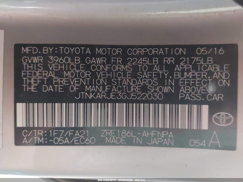 2016 Scion Im VIN JTNKARJE3GJ522030 IAAI salvage auction — LEFT SIDE, Regular (South Dakota), sold $2,500 on 2026-07-07 (photo 9)