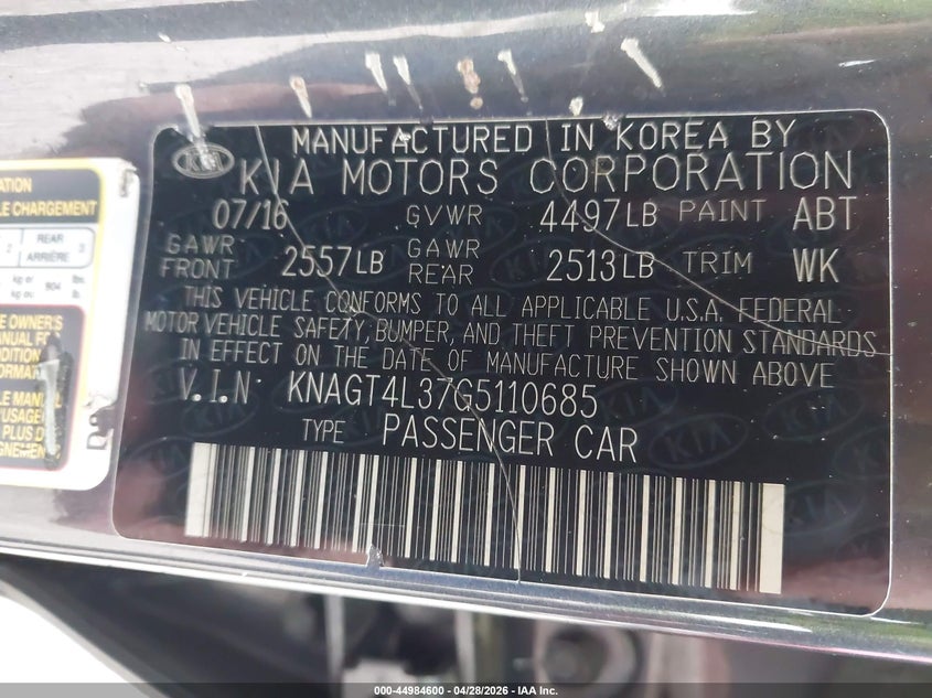 2016 Kia Optima VIN KNAGT4L37G5110685 IAAI salvage auction — NORMAL WEAR, Salvage (Texas), sold $425 on 2026-07-29 (photo 9)