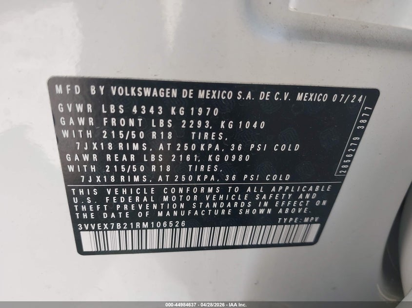 2024 Volkswagen Taos VIN 3VVEX7B21RM106526 IAAI salvage auction — FRONT END, Salvage Title, sold $8,100 on 2026-07-15 (photo 9)
