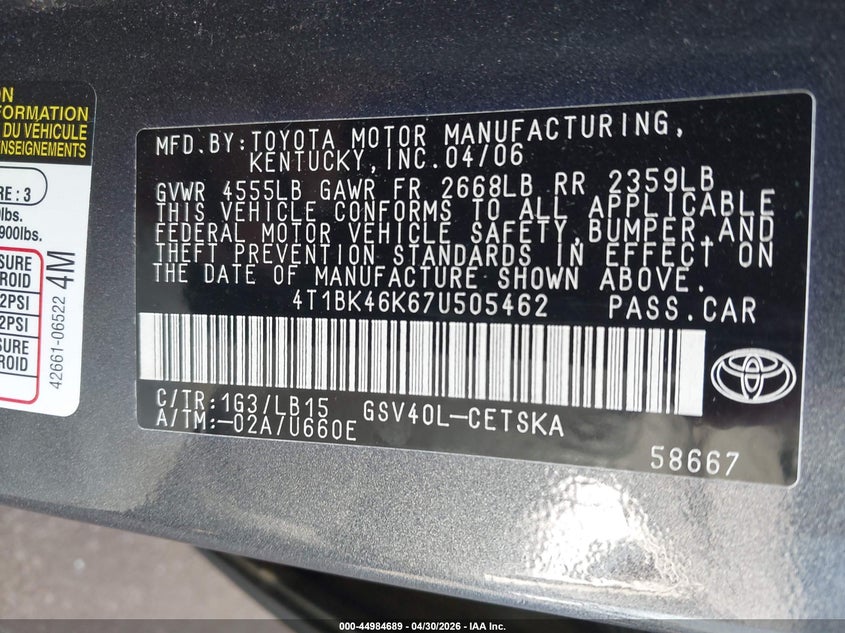 2007 Toyota Camry VIN 4T1BK46K67U505462 IAAI salvage auction — FRONT END, Salvage (Hawaii), sold $875 on 2026-07-24 (photo 9)