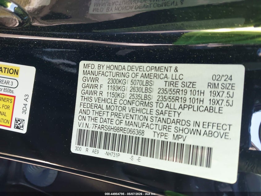 2024 Honda Cr-v VIN 7FARS6H98RE066368 IAAI salvage auction — SIDE, Salvage Certificate (California), sold $19,500 on 2026-07-31 (photo 9)