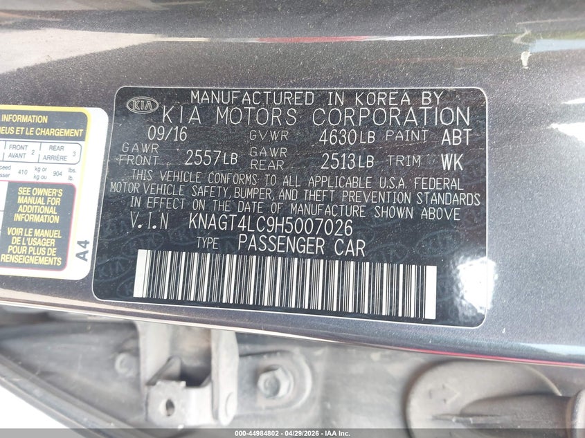 2017 Kia Optima VIN KNAGT4LC9H5007026 IAAI salvage auction — RIGHT FRONT, Original (Texas), sold $1,550 on 2026-07-31 (photo 9)