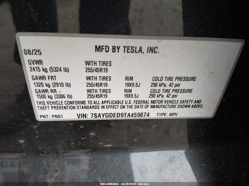 2026 Tesla Model y VIN 7SAYGDED9TA459874 IAAI salvage auction — RIGHT SIDE, Mv-907A (New York), sold $19,900 on 2026-07-30 (photo 9)