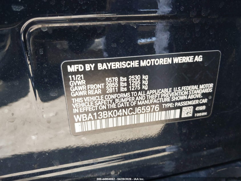 2022 BMW 5er VIN WBA13BK04NCJ65976 IAAI salvage auction — FRONT END, Salvage Title, sold $7,200 on 2026-07-22 (photo 9)