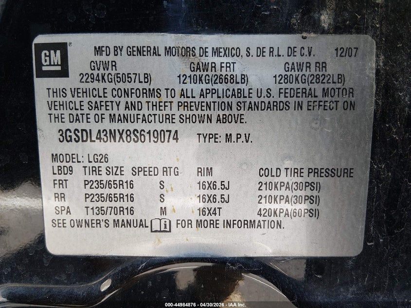 2008 Saturn Vue VIN 3GSDL43NX8S619074 IAAI salvage auction — RIGHT SIDE, Salvage (Nevada), sold $100 on 2026-07-10 (photo 9)